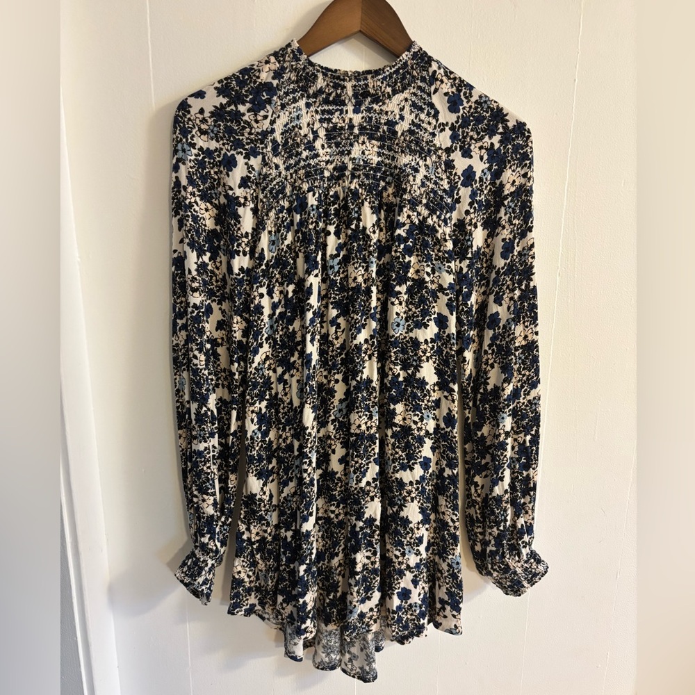 Free People Flowers in Her Hair Blue and White Floral Smocked-Yoke Blouse